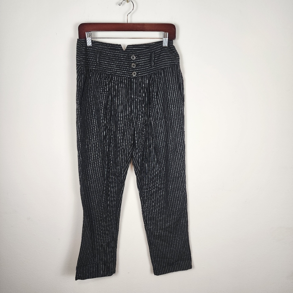 SUNDANCE Pants Women's P4 Black‎ Pinstripe High Rise Amelia Linen Blend Trouser